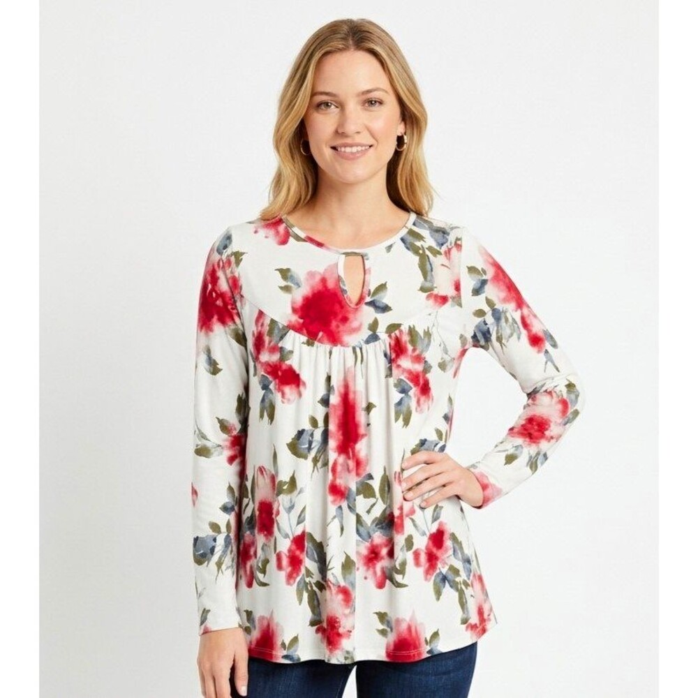 White Birch Womens Top XL Floral Babydoll Long Sleeve Keyhole cottagecore